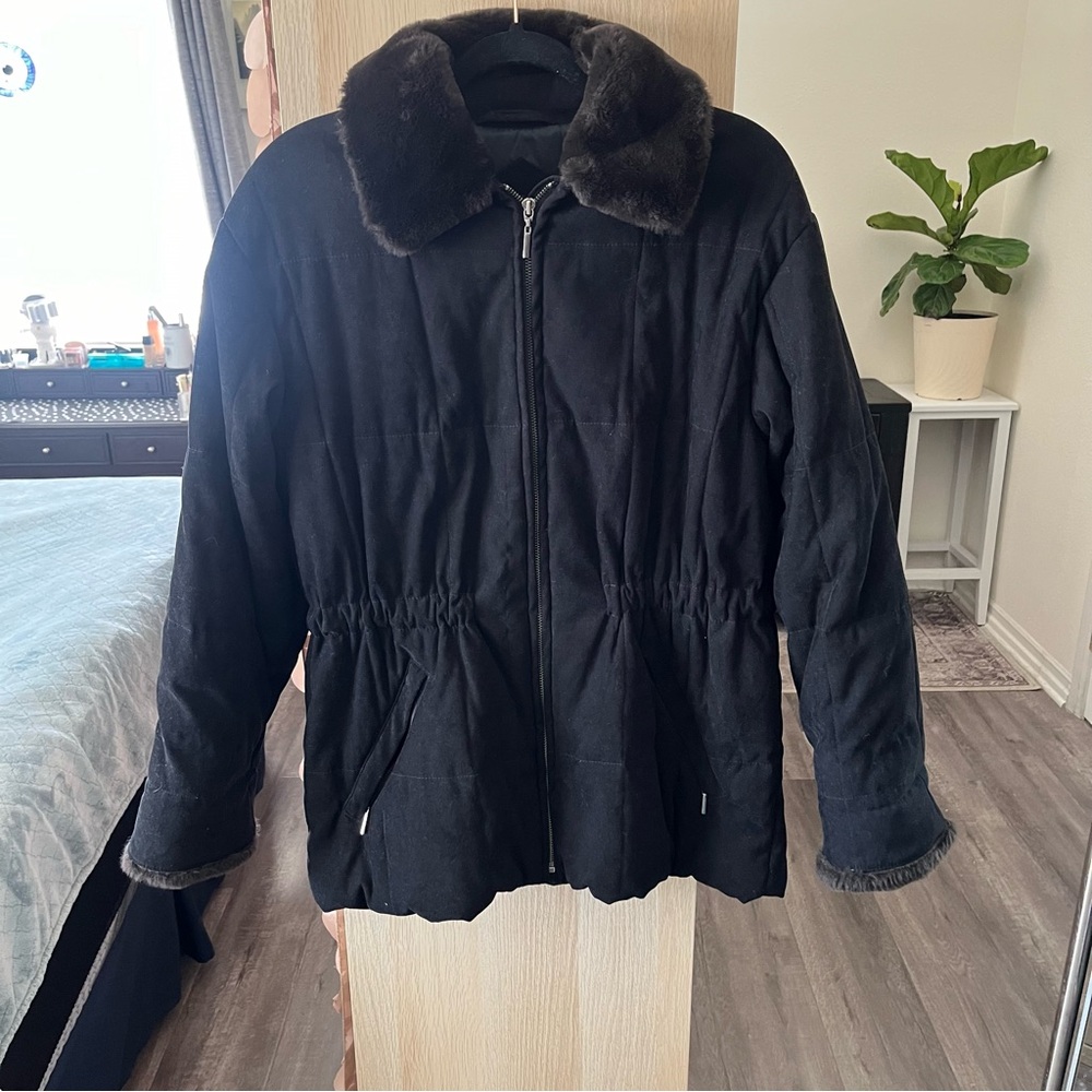 Mulberry Street Black Faux Fur Collar Quilted Parka Jacket Medium 420752